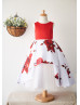 Red Printed Satin Pearl Embellished Knee Length Flower Girl Dress